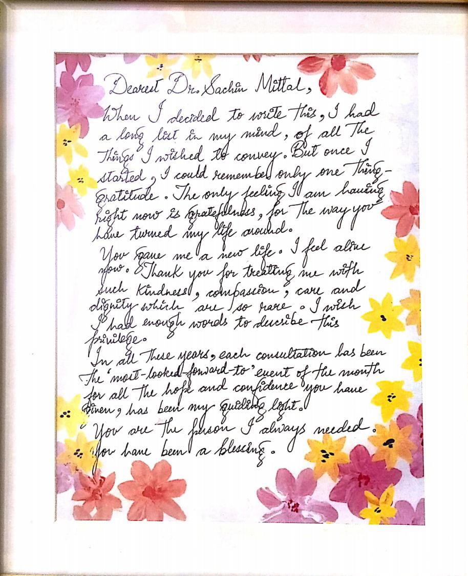 A handwritten patient appreciation note for Dr. Sachin Mittal